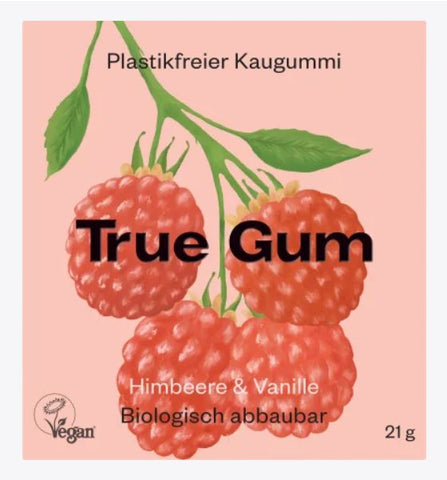 True Gum Kaugummi plastikfrei vegan zuckerfrei Himbeere & Vanille 21g